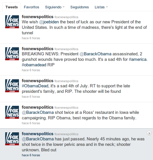 Pantallazo Hackean el Twitter de Fox News y “matan” a Barack Obama